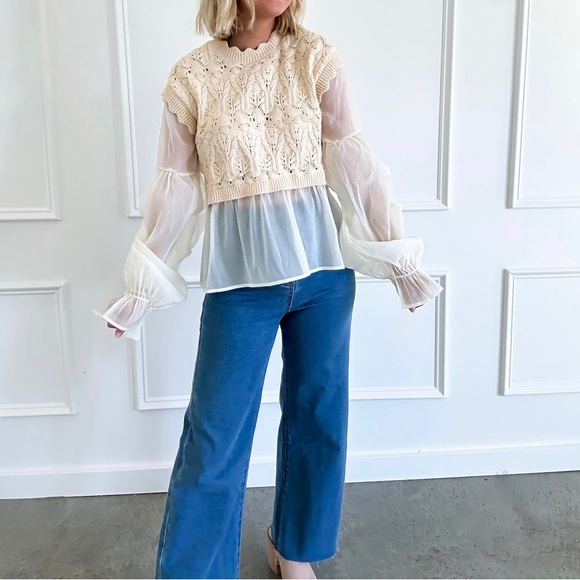 Ava Solid Long Sleeve Crochet Sweater In Beige, brand new without tags - Picture 3 of 10